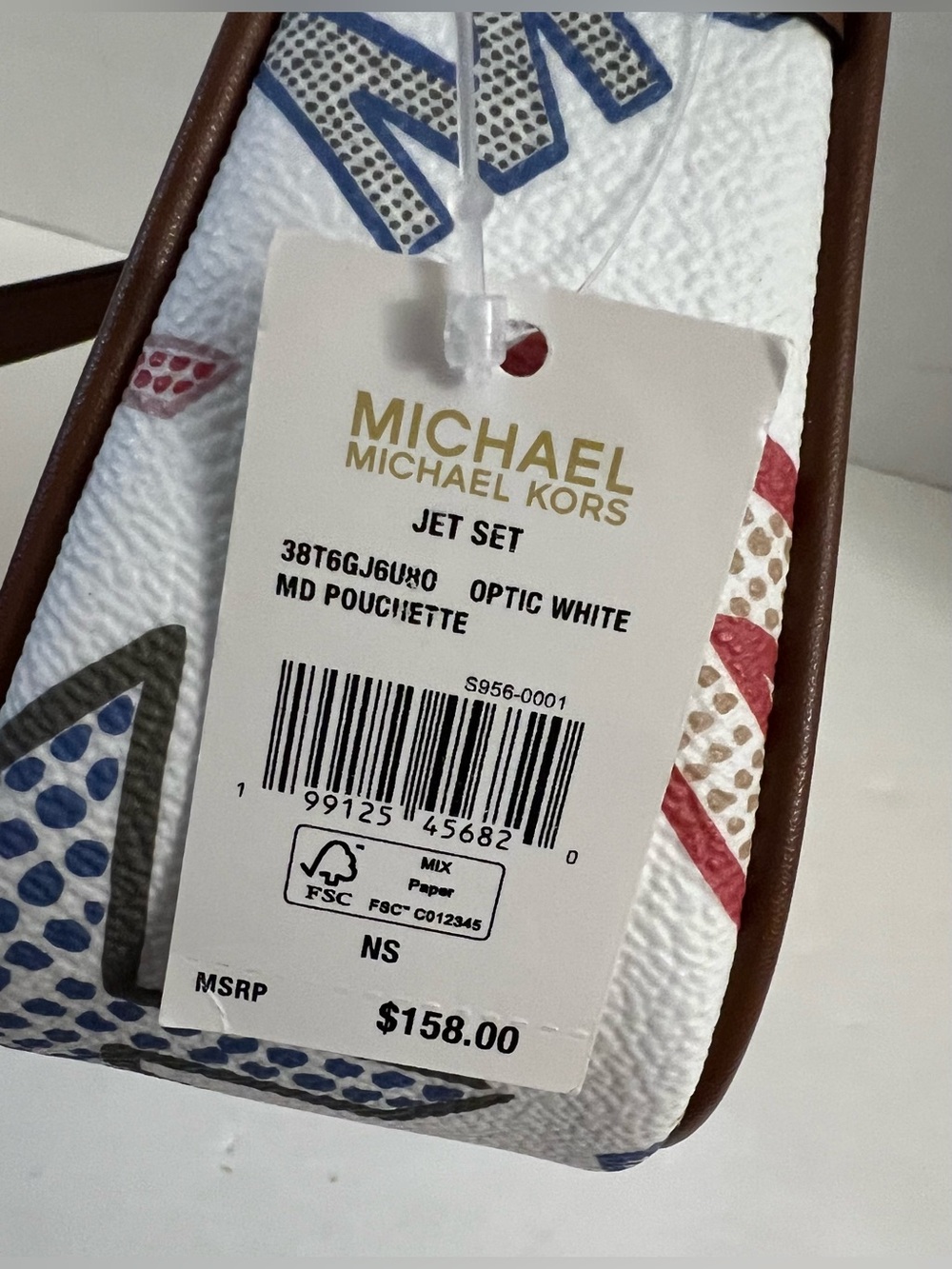 Michael Kors White Multicolor MK Logo Shoulder Bag with Brown Trim - Picture 14 of 16